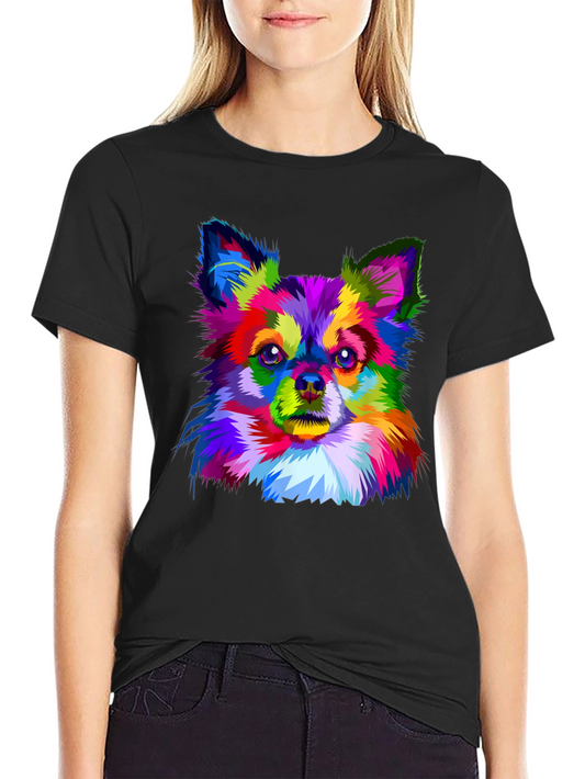 Camiseta Negra con Diseño de Chihuahua Colorido