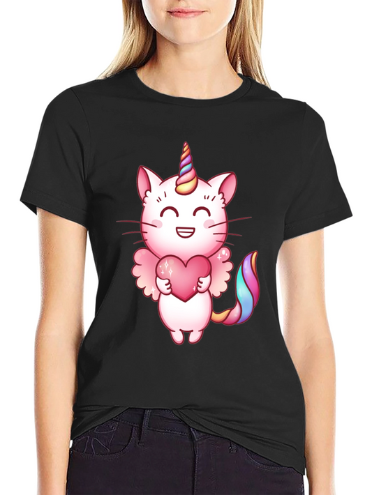 Camiseta Negra con Diseño de Gato Unicornio Kawaii
