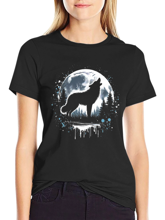 Camiseta Hombre Lobo Aullando Luna Llena Negra