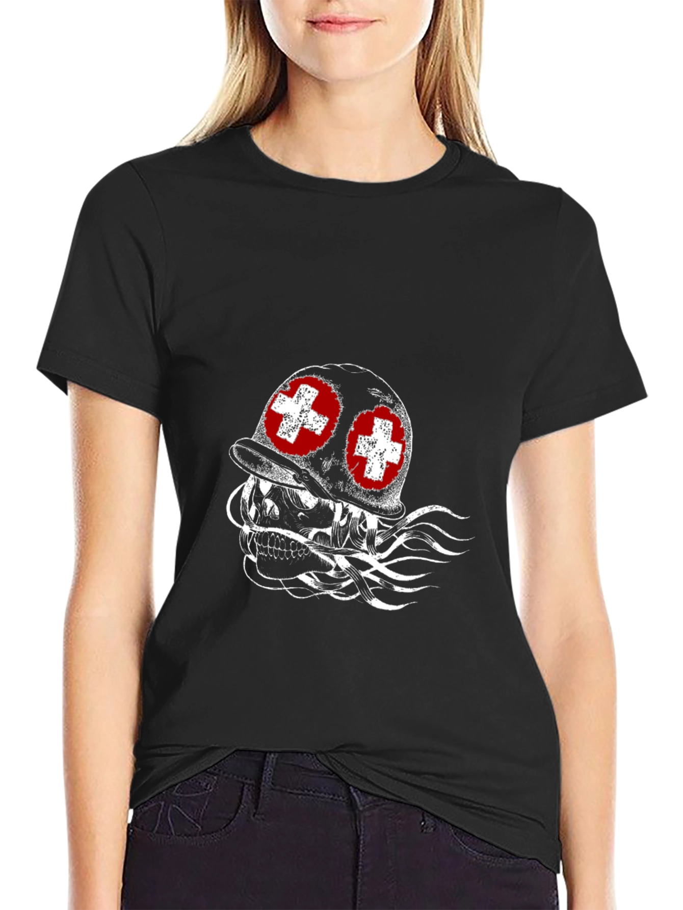 Camiseta Negra con Diseño de Cráneo Militar