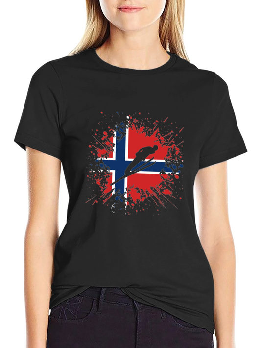 Camiseta Negra con Diseño de Noruega y Saltador de Esquí