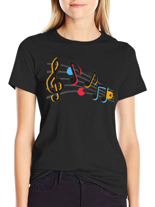 Camiseta Negra con Diseño de Notas Musicales Coloridas
