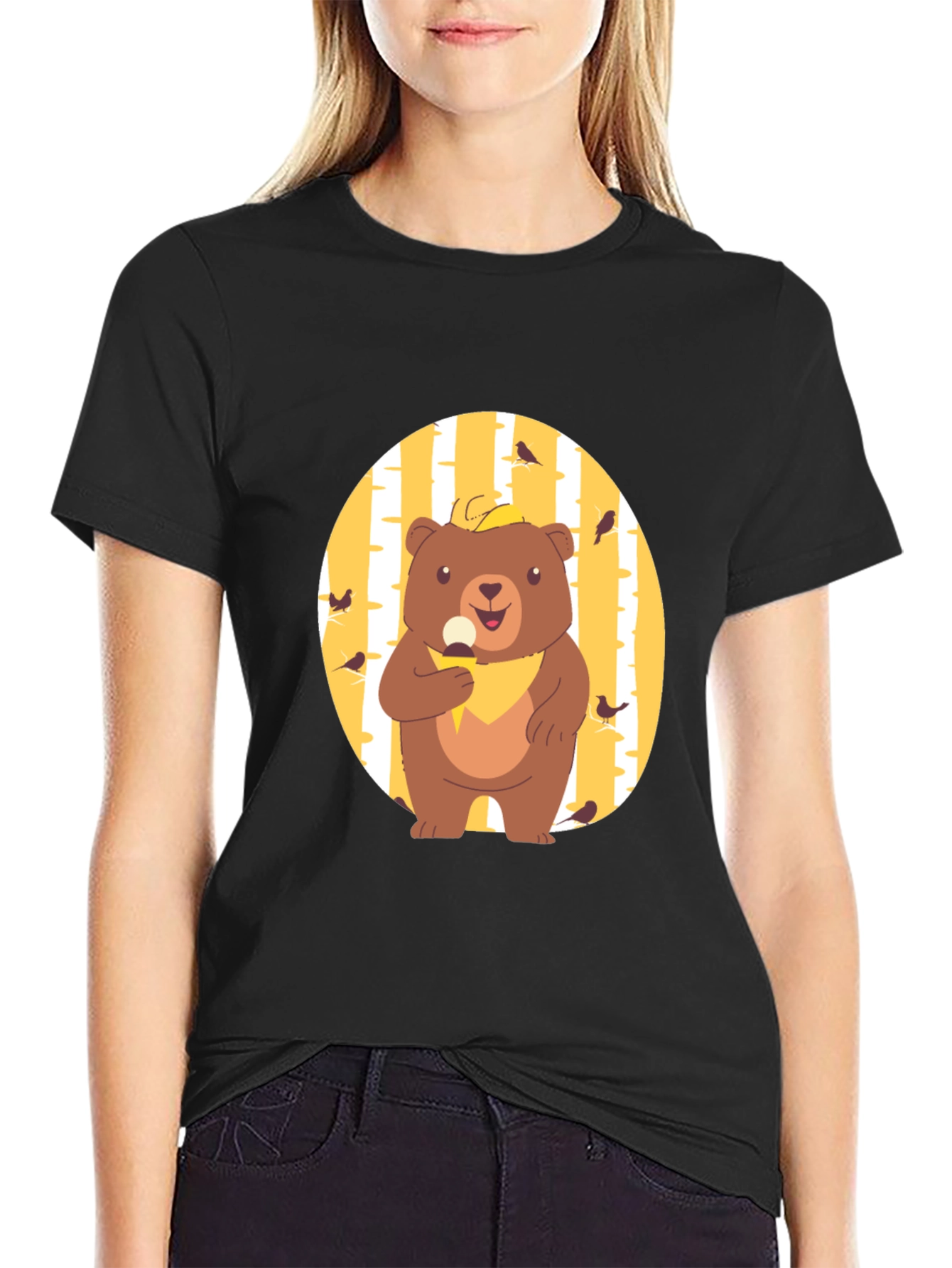 Camiseta Negra con Diseño de Oso Comiendo Helado