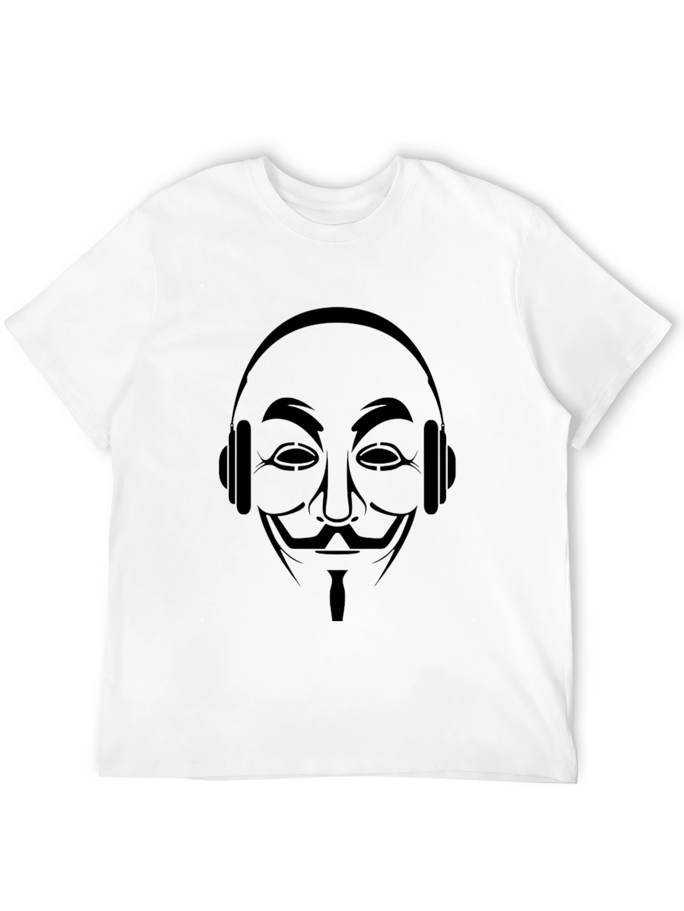 Camiseta Negra con Diseño Anónimo y Audífonos