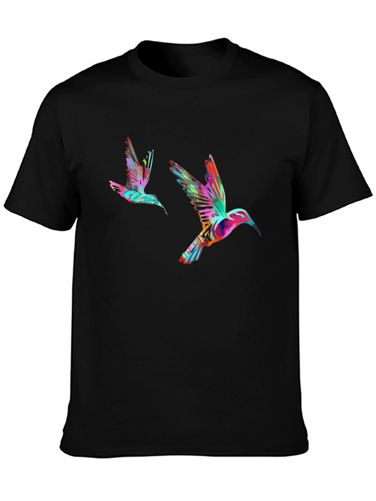 Camiseta Negra con Diseño de Colibríes Abstractos