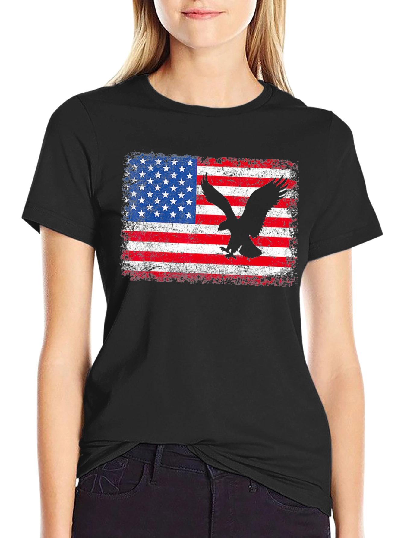 Camiseta Negra con Bandera Americana y Águila