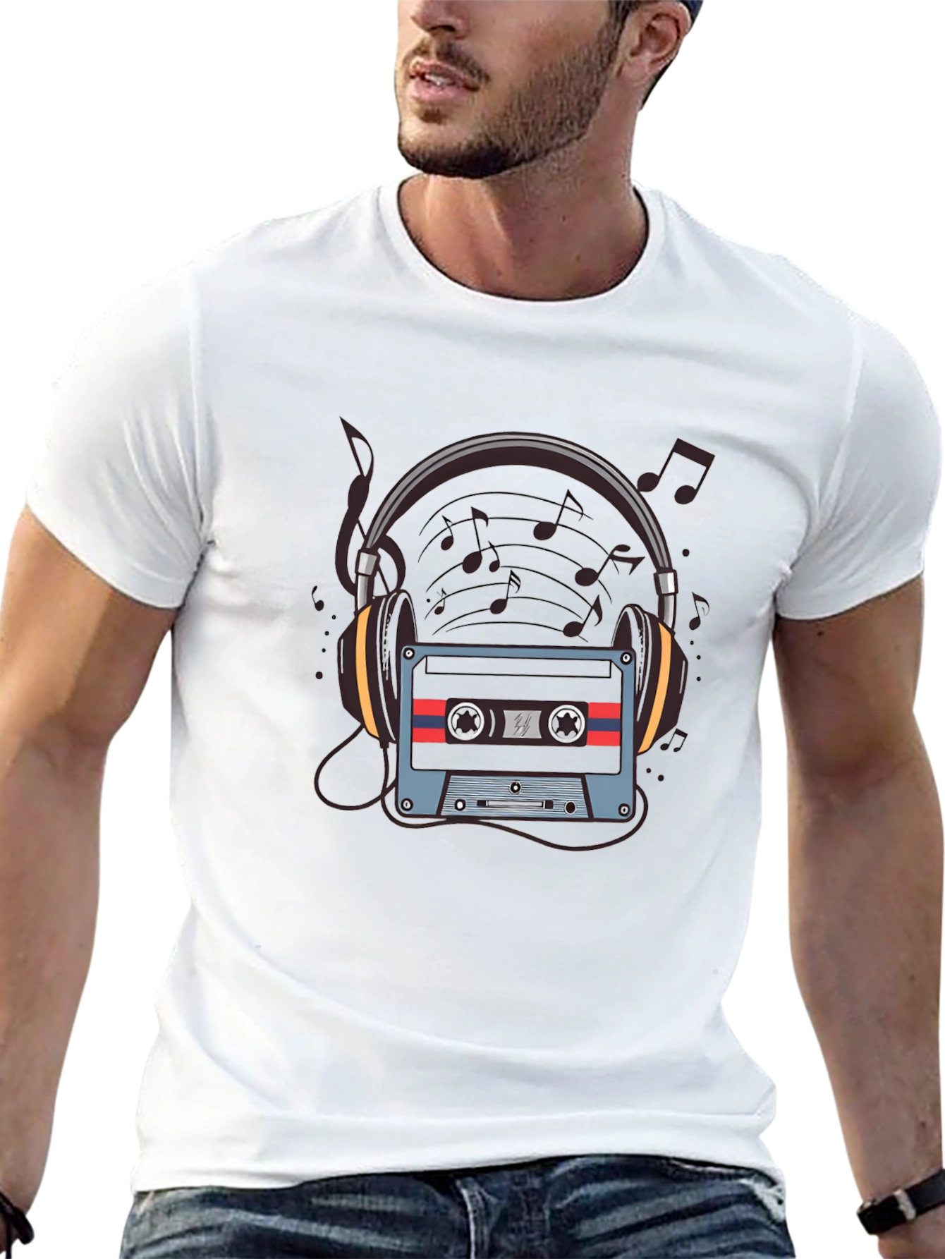 Camiseta Negra con Diseño de Cassette y Audífonos