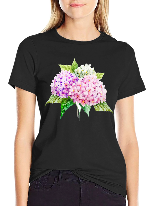 Camiseta Negra con Estampado Floral Hortensias