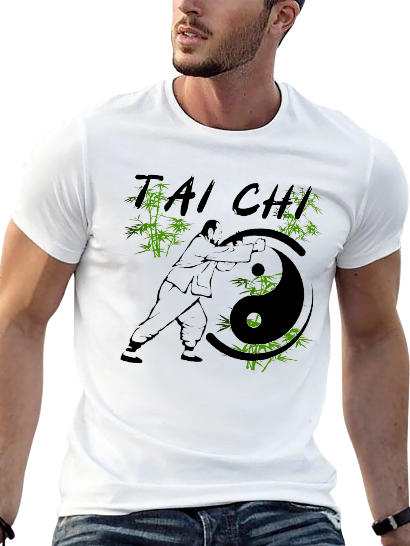 Camiseta Negra con Diseño de Tai Chi y Bambú