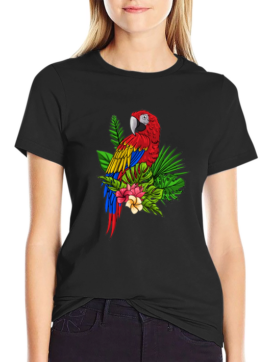 Camiseta Negra con Estampado de Guacamayo Tropical