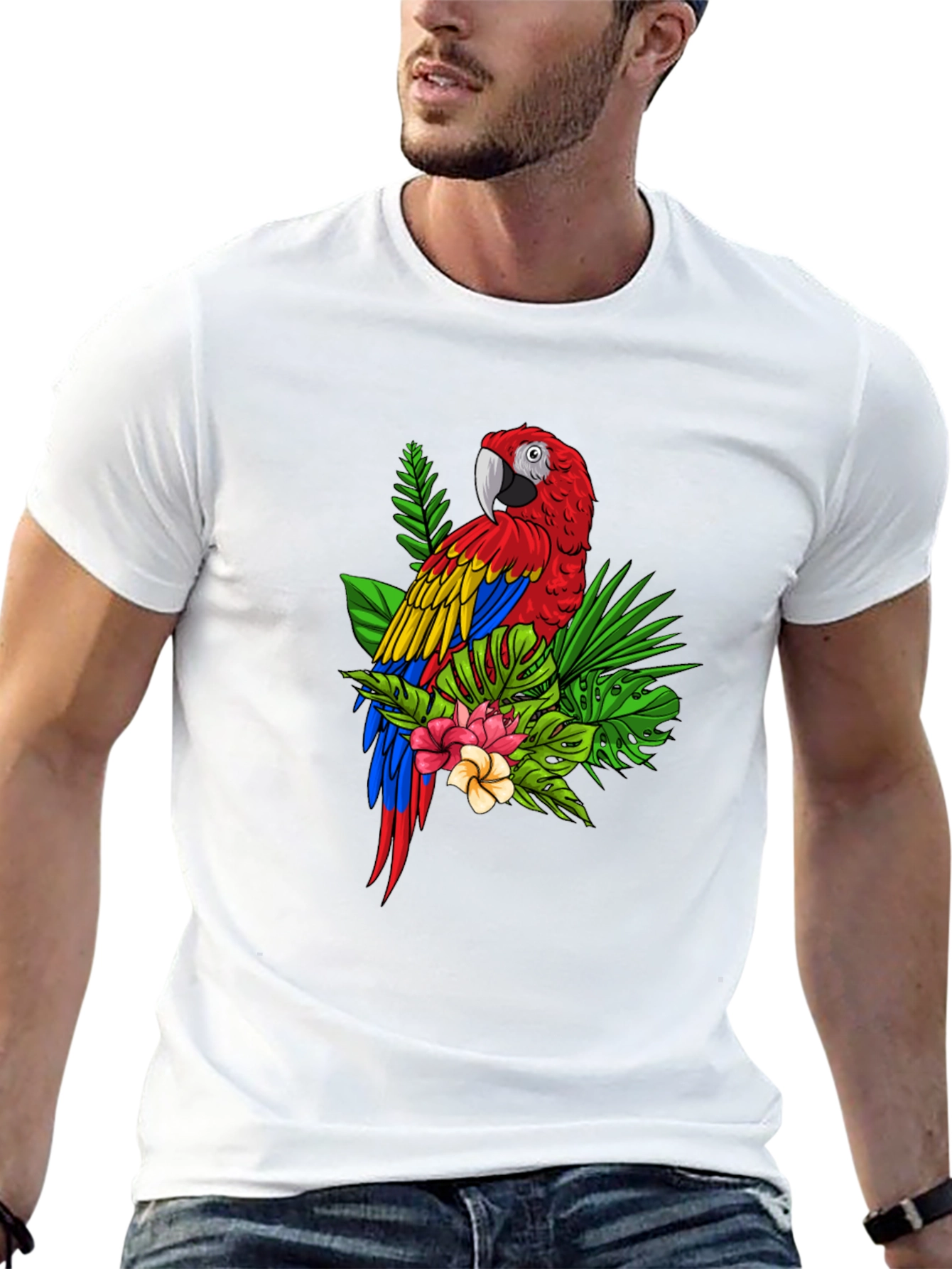 Camiseta Negra con Estampado de Guacamayo Tropical