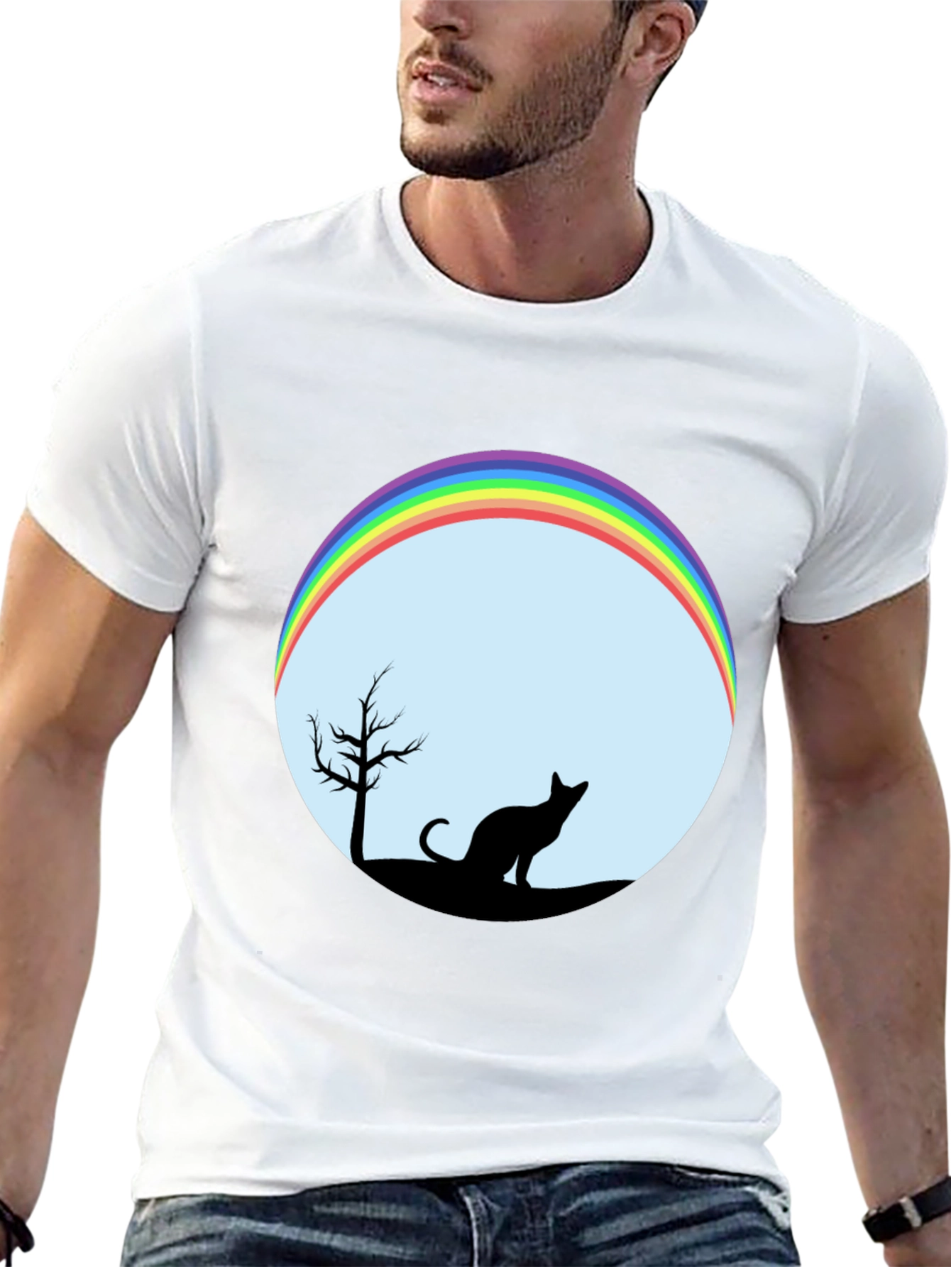 Camiseta Negra con Diseño de Gato y Arcoíris
