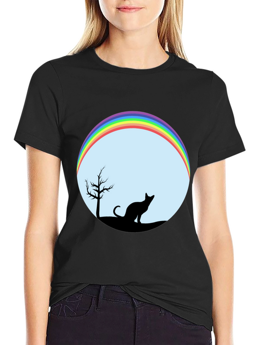 Camiseta Negra con Diseño de Gato y Arcoíris