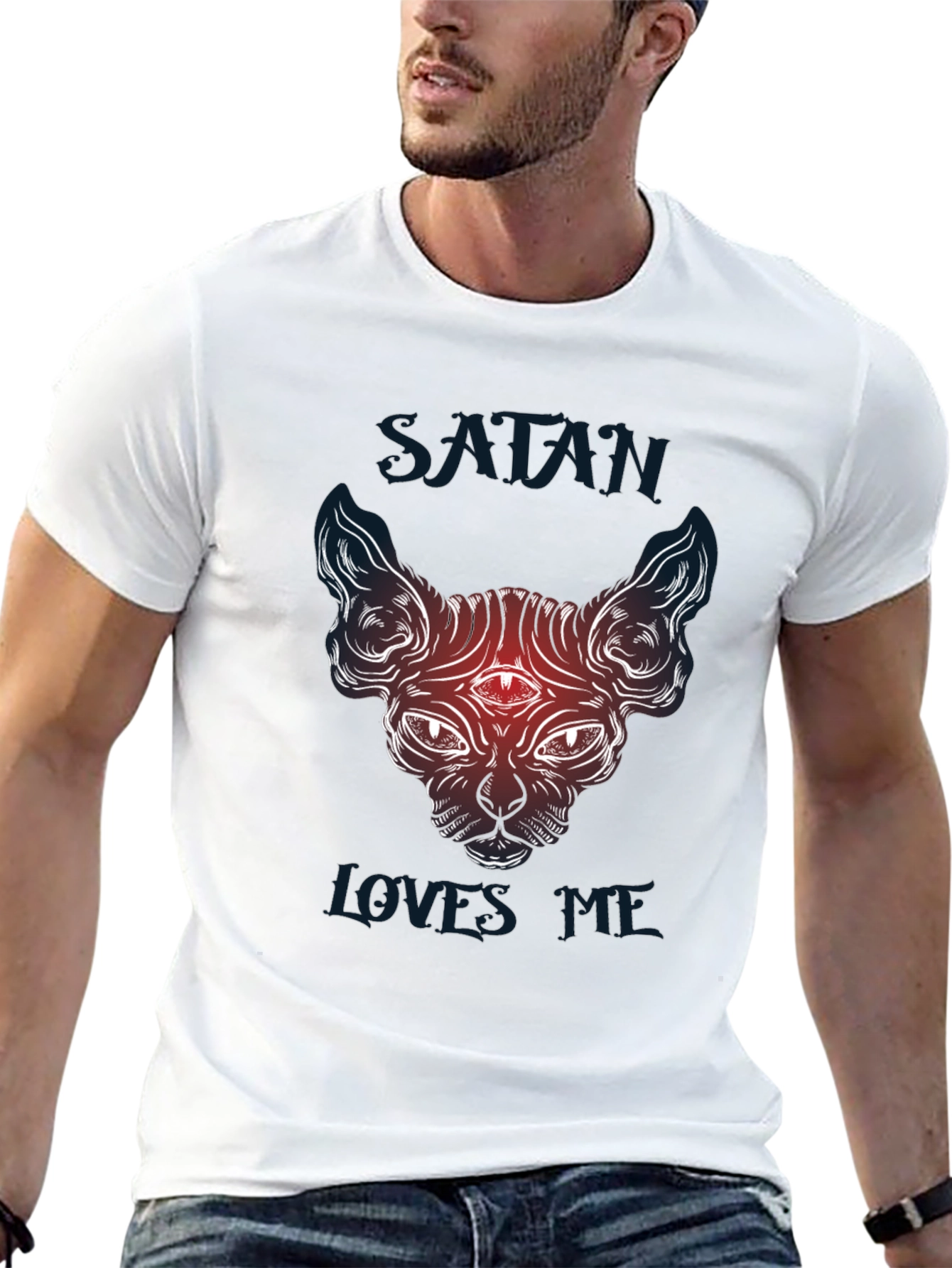 Camiseta Negra Satánica Gato Sphynx Satán Me Ama