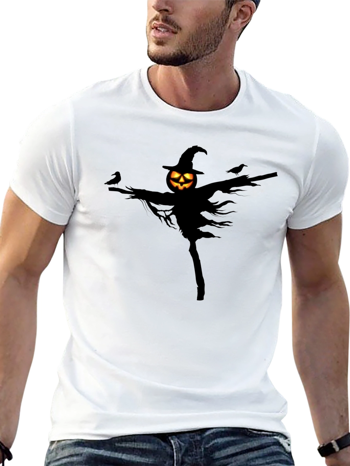 Camiseta Negra Halloween Espantapájaros Calabaza
