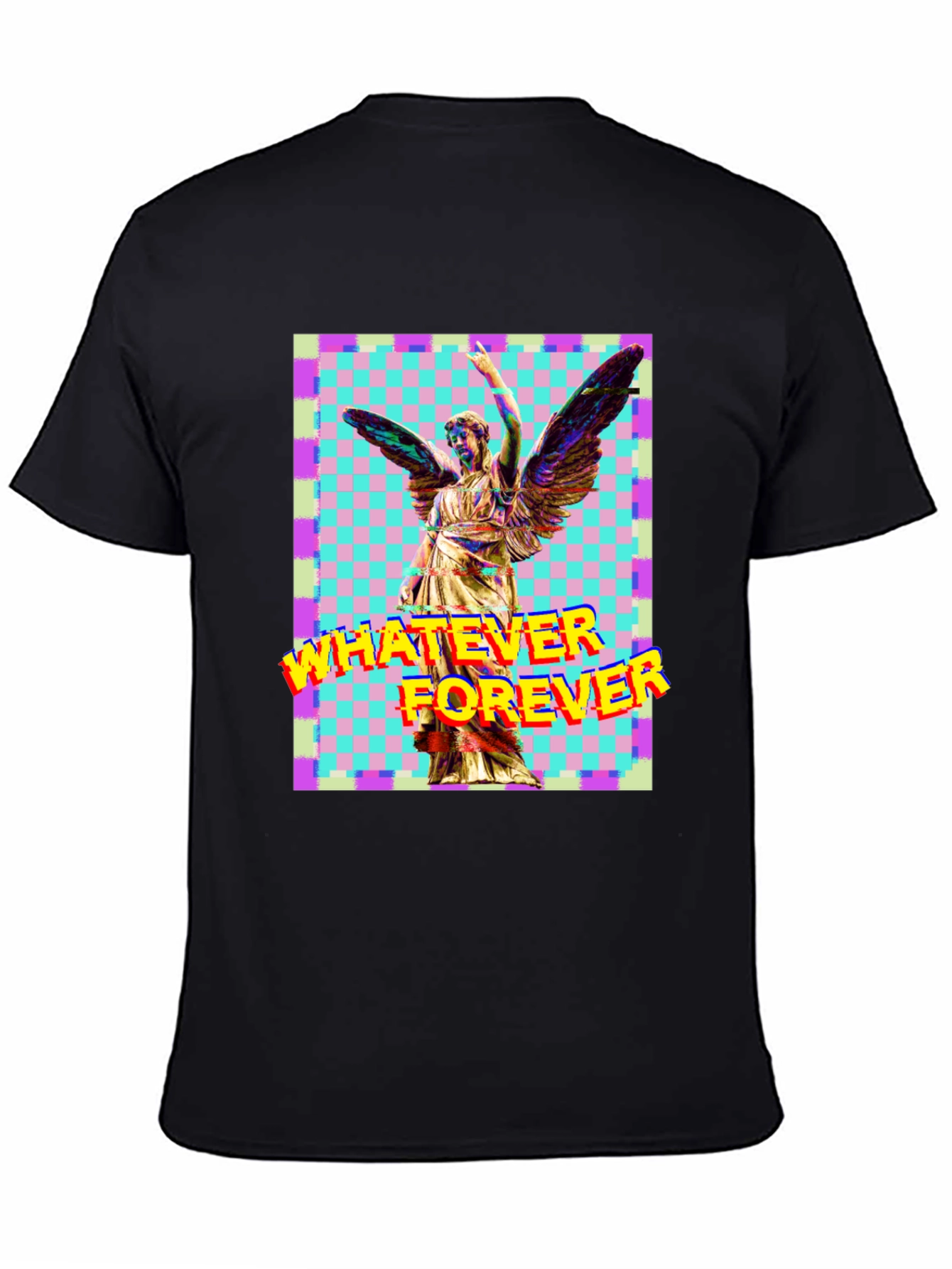 Camiseta Negra con Diseño Artístico de Ángel y Texto