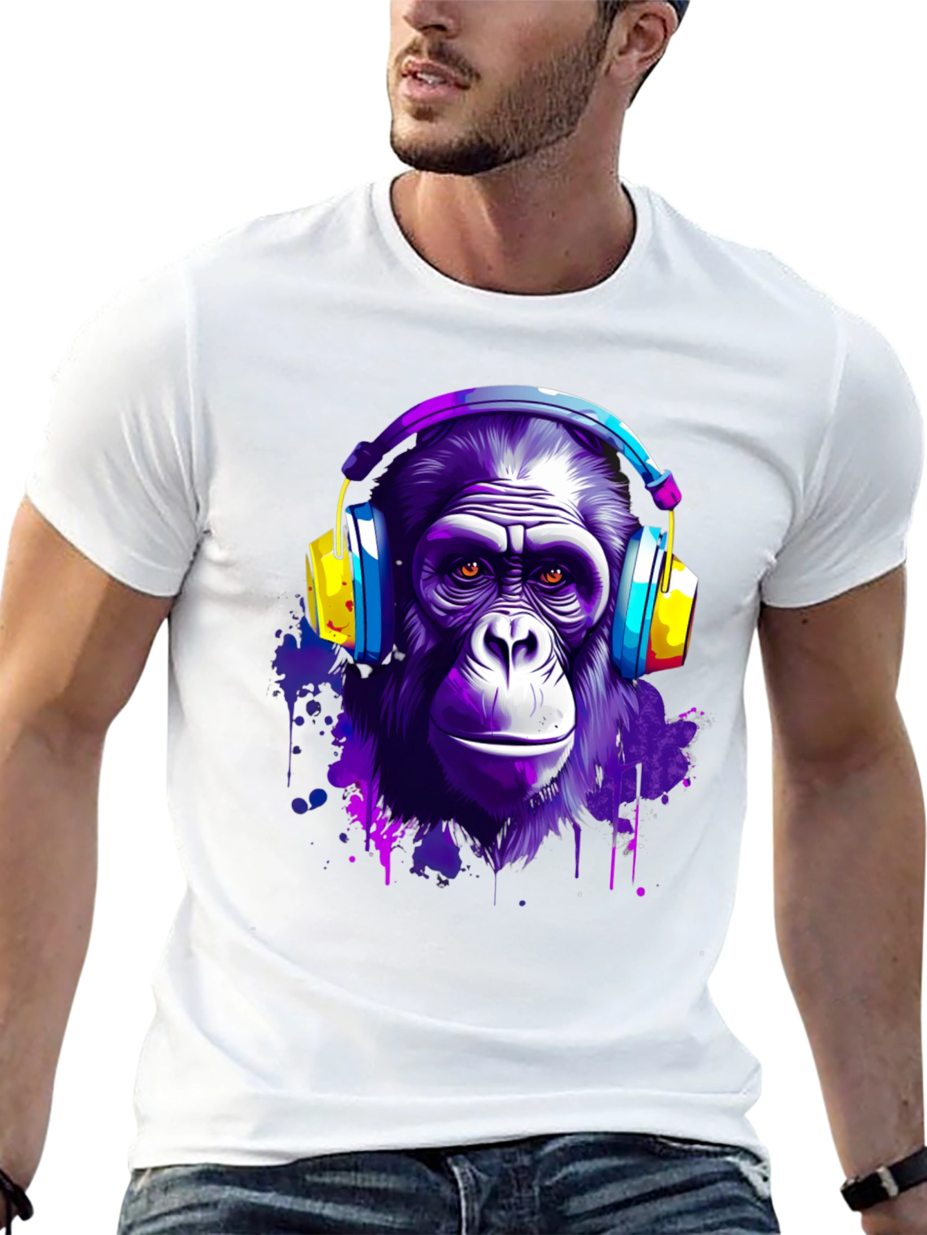 Camiseta Negra con Estampado de Mono con Auriculares