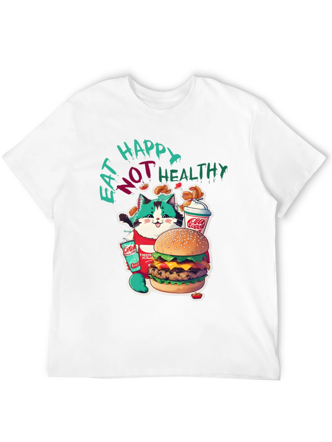 Camiseta Negra: Gato Glotón Come No Saludable