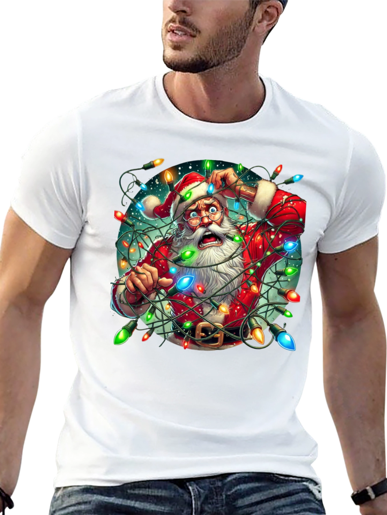 Camiseta Navideña Santa Claus Atrapado en Luces