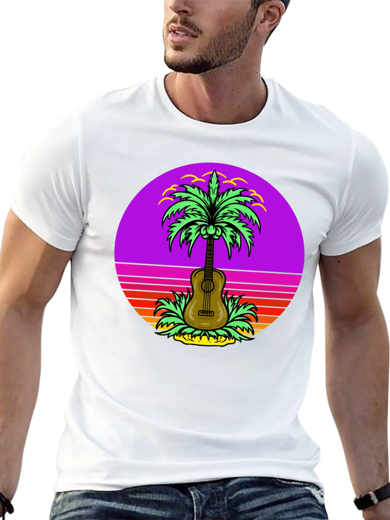 Camiseta Hombre Guitarra Palmera Retro Sunset