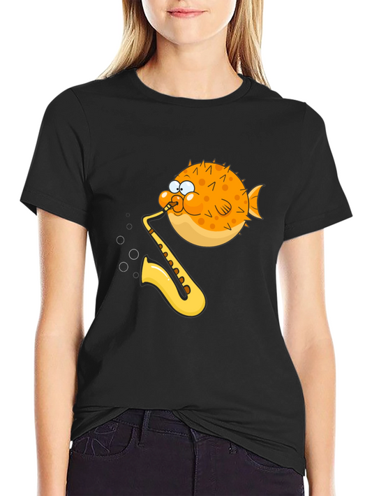 Camiseta Negra con Diseño Divertido de Pez Saxofonista