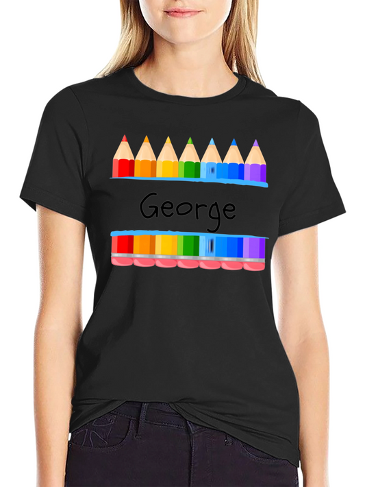 Camiseta Negra George con Diseño de Lápices de Colores