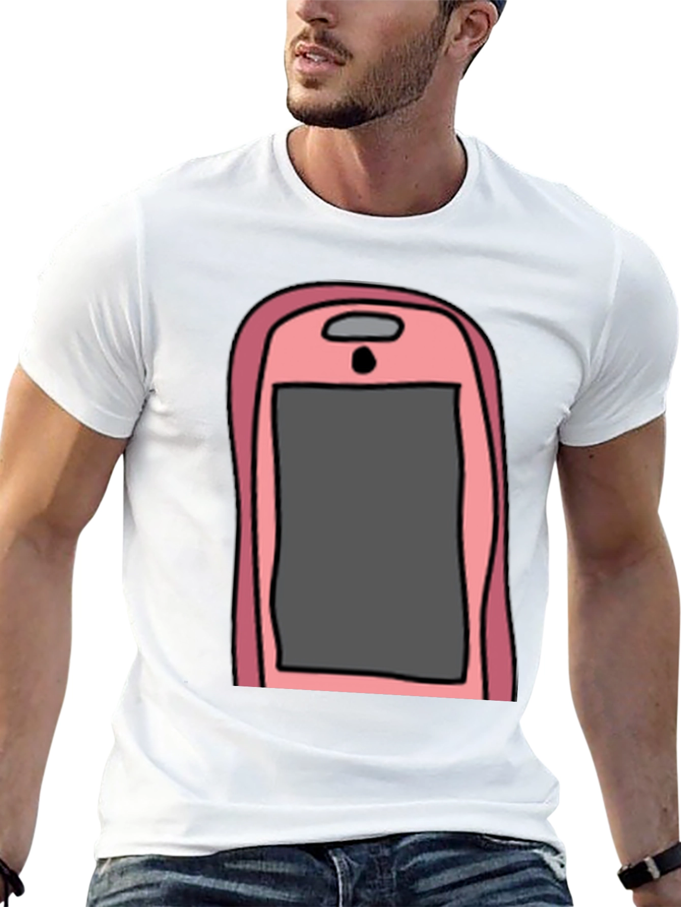 Camiseta Hombre Negra con Diseño de Teléfono Rosa