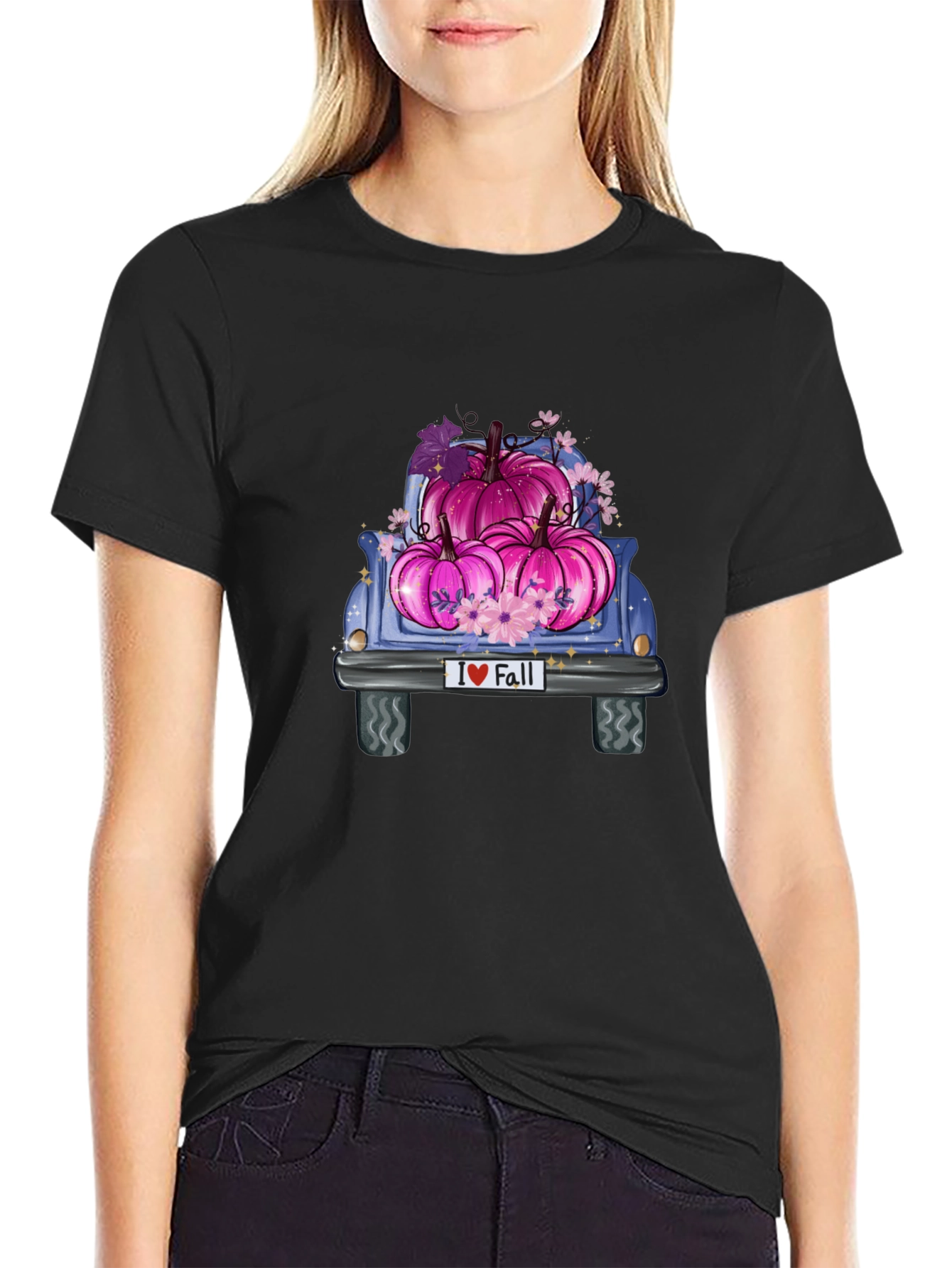 Camiseta Negra I ❤️ Fall con Camiones y Calabazas