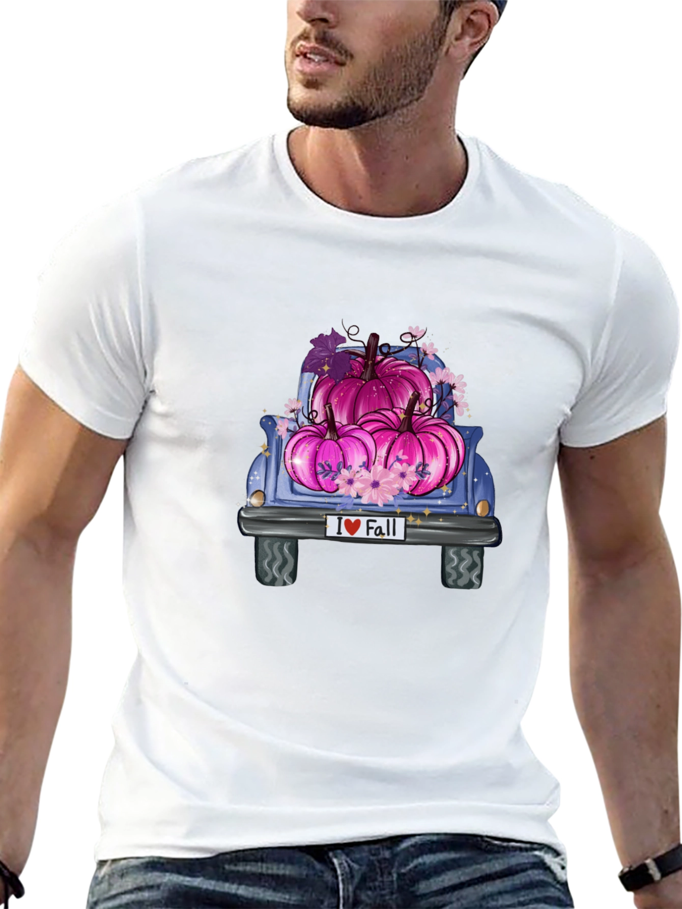 Camiseta Negra I ❤️ Fall con Camiones y Calabazas