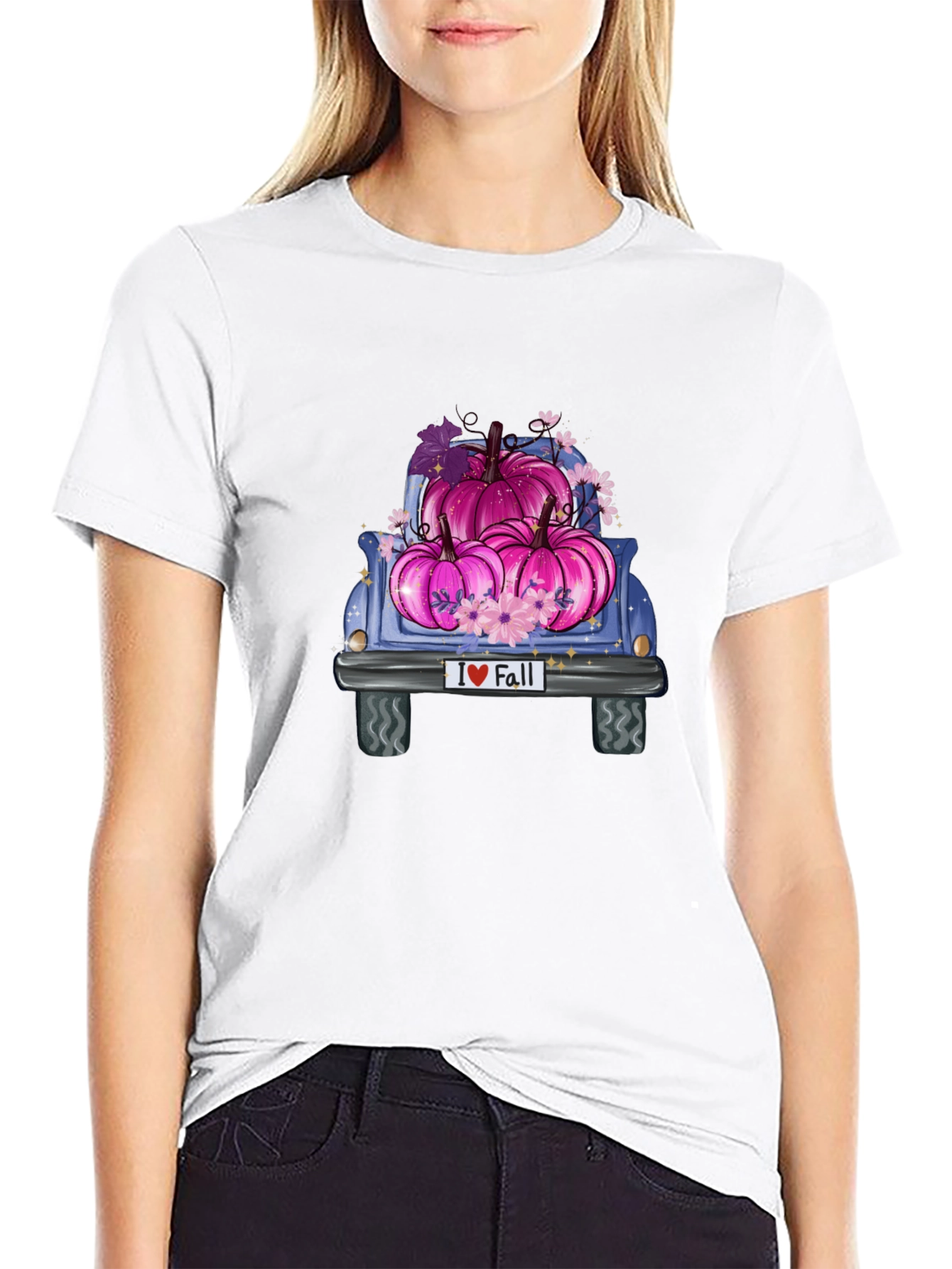 Camiseta Negra I ❤️ Fall con Camiones y Calabazas