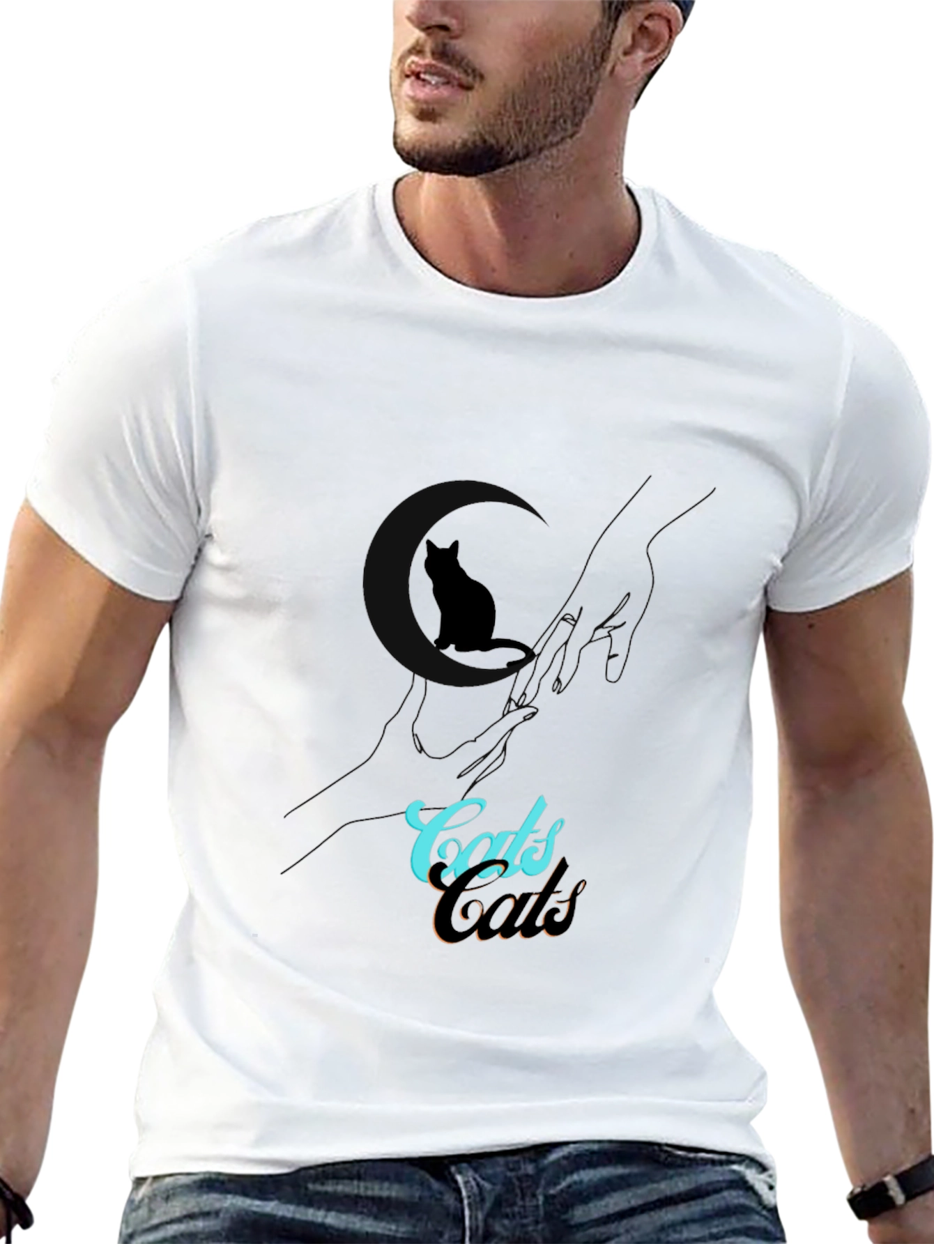 Camiseta Negra con Diseño de Gato y Texto Cats