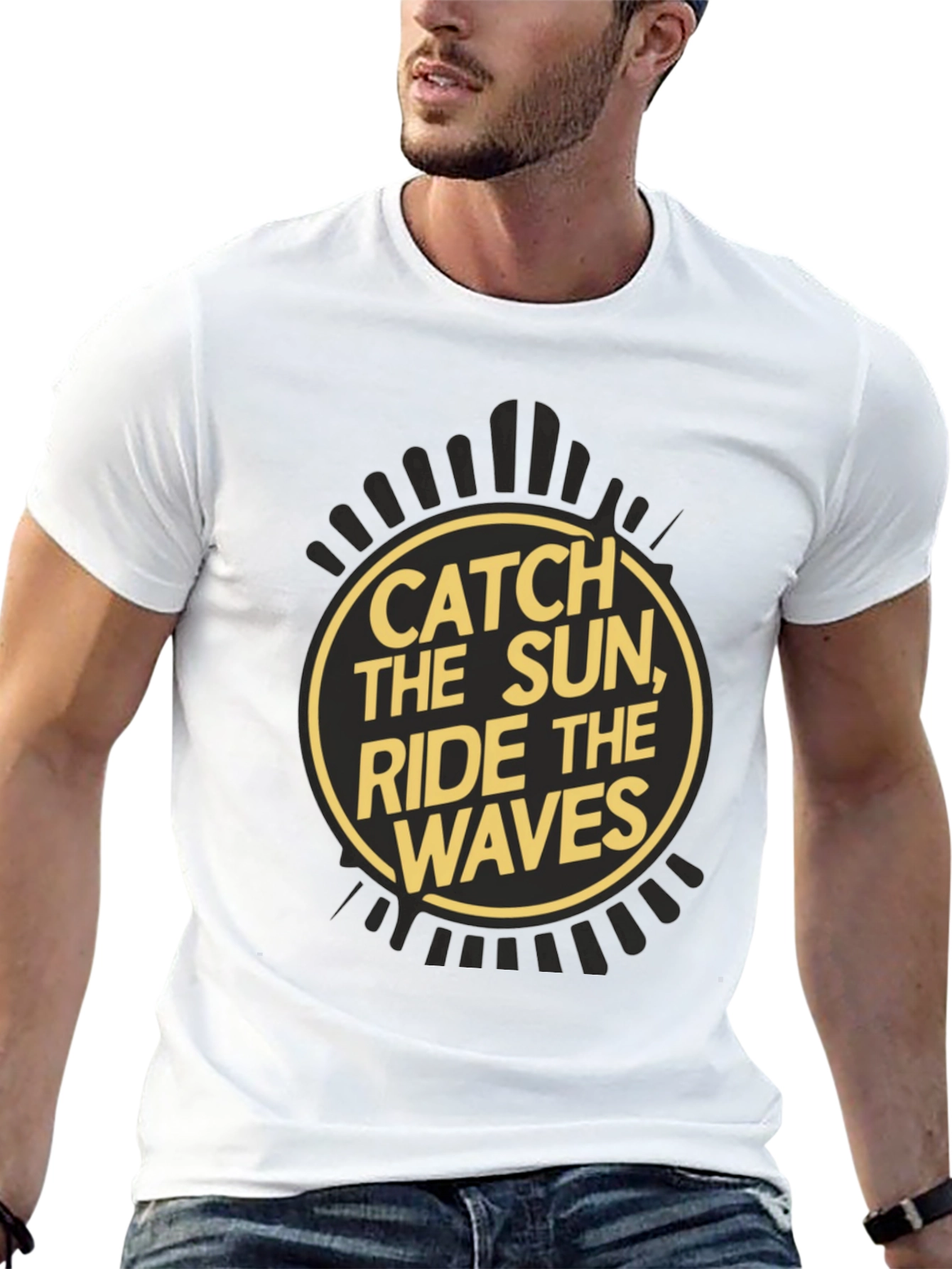 Camiseta Negra Estampada Catch the Sun Ride the Waves