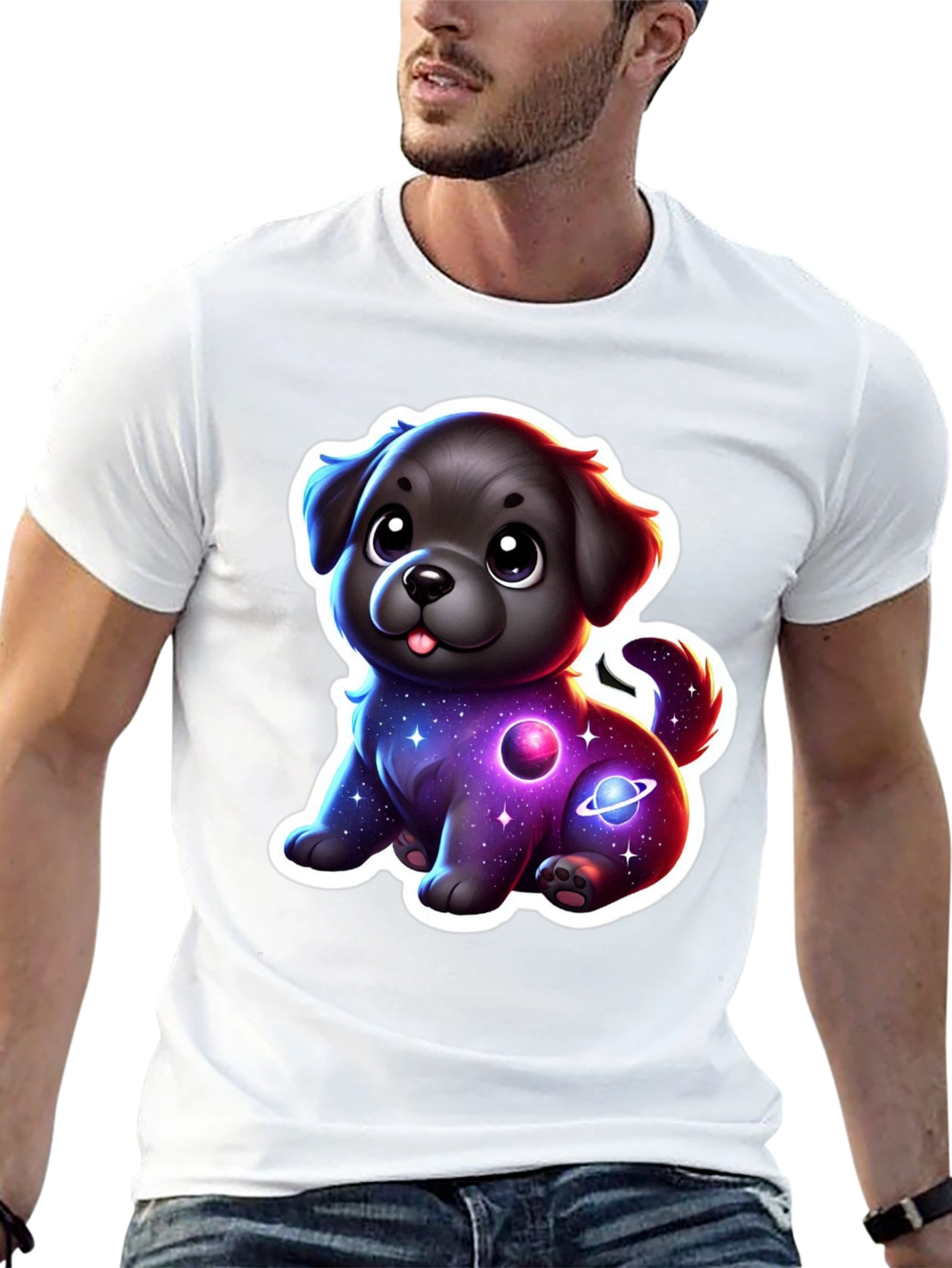 Camiseta Negra con Estampado de Perrito Espacial