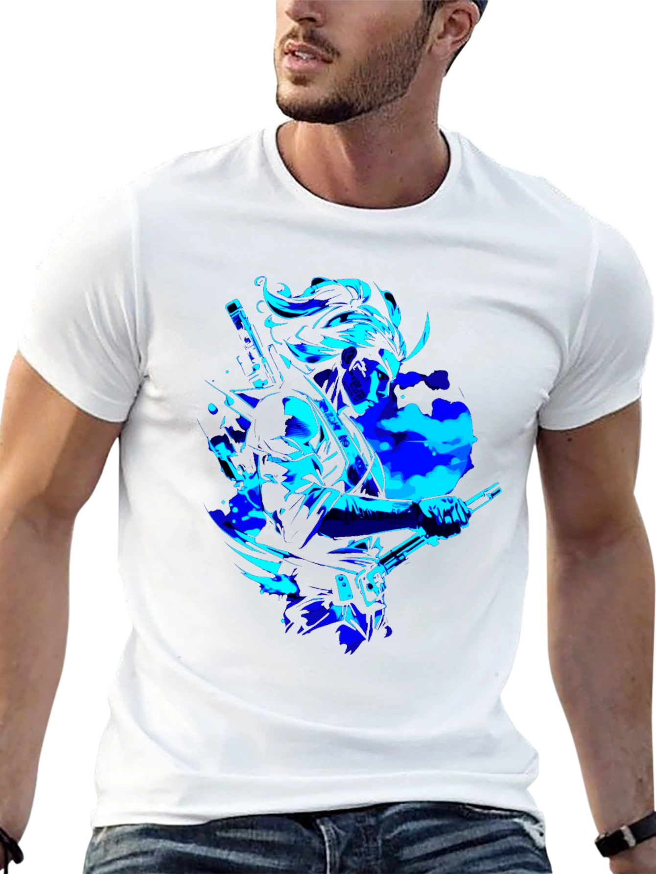 Camiseta Negra con Diseño Samurai en Azul Neón