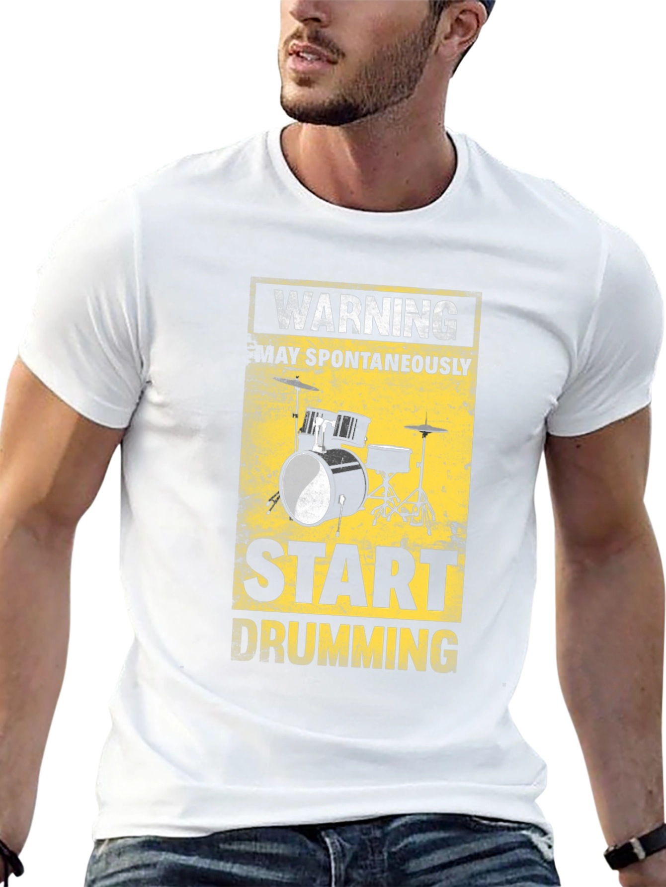 Camiseta Negra Warning: Start Drumming para Músicos