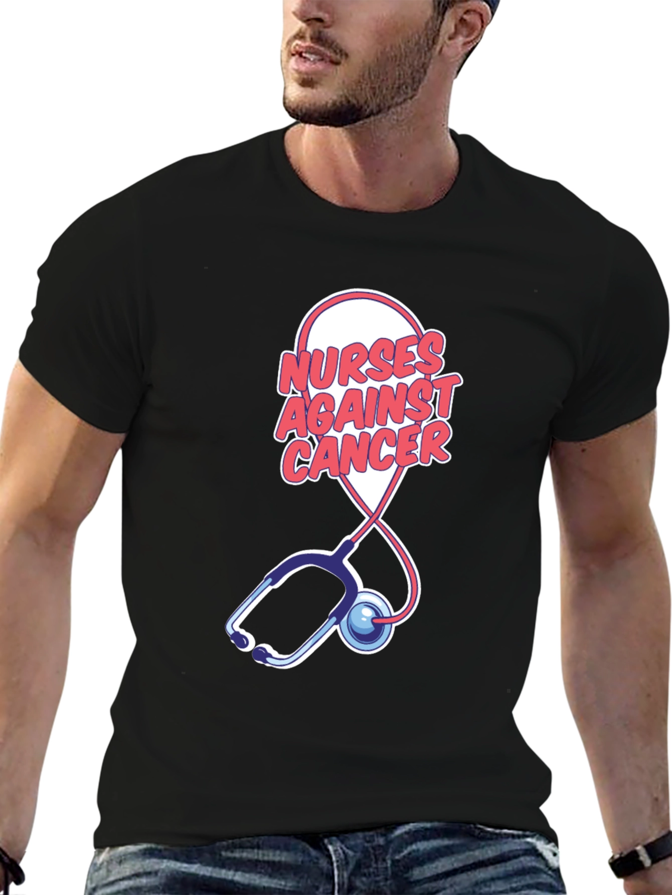 Camiseta Negra Nurses Against Cancer con Estetoscopio