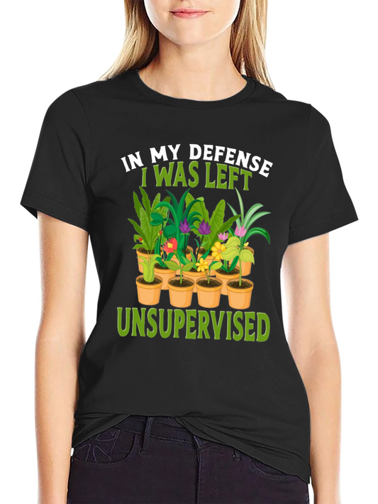 Camiseta Negra: En Mi Defensa - ¡Plantas Sin Supervisión!