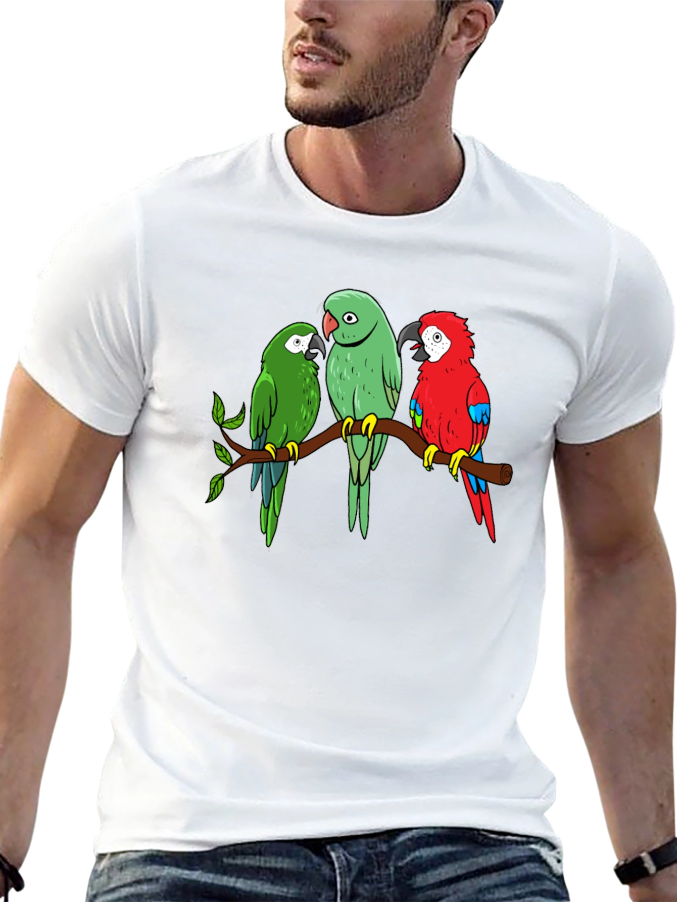 Camiseta Negra con Diseño de Loros en Rama