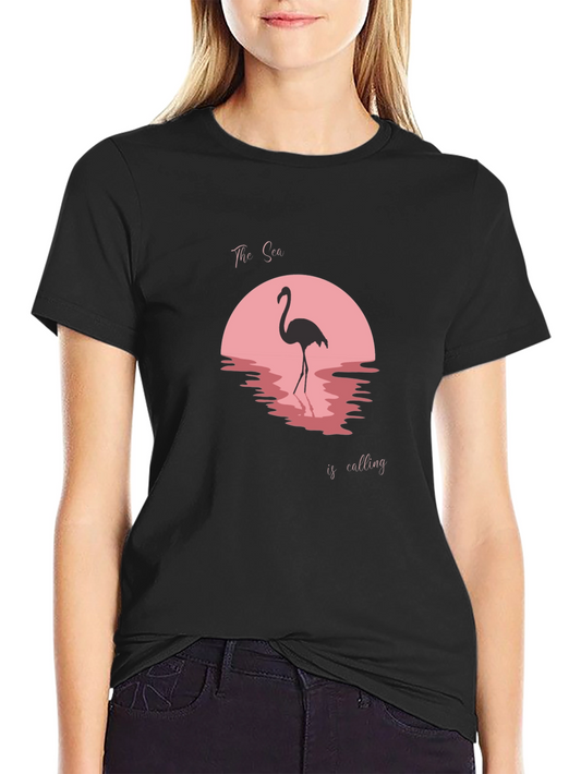 Camiseta Negra con Diseño Flamenco y Atardecer Rosa