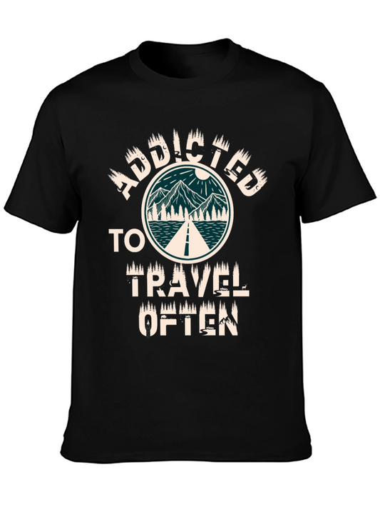 Camiseta Negra Adicto a Viajar con Diseño Montaña