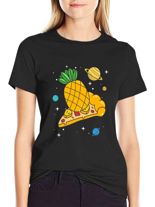Camiseta Negra con Diseño Pizza Espacial de Piña