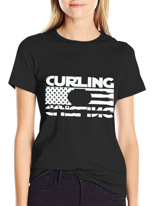 Camiseta Negra de Curling Diseño Bandera Americana