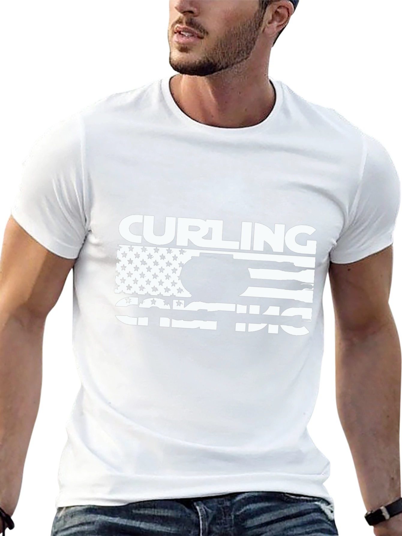 Camiseta Negra de Curling Diseño Bandera Americana