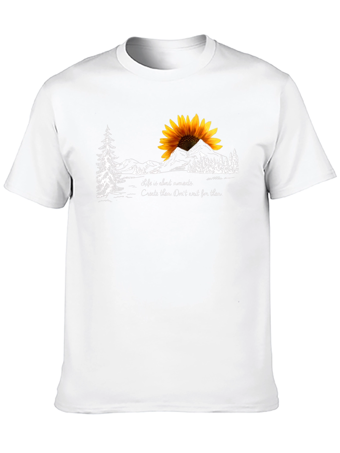 Camiseta Negra con Diseño de Girasol y Montañas