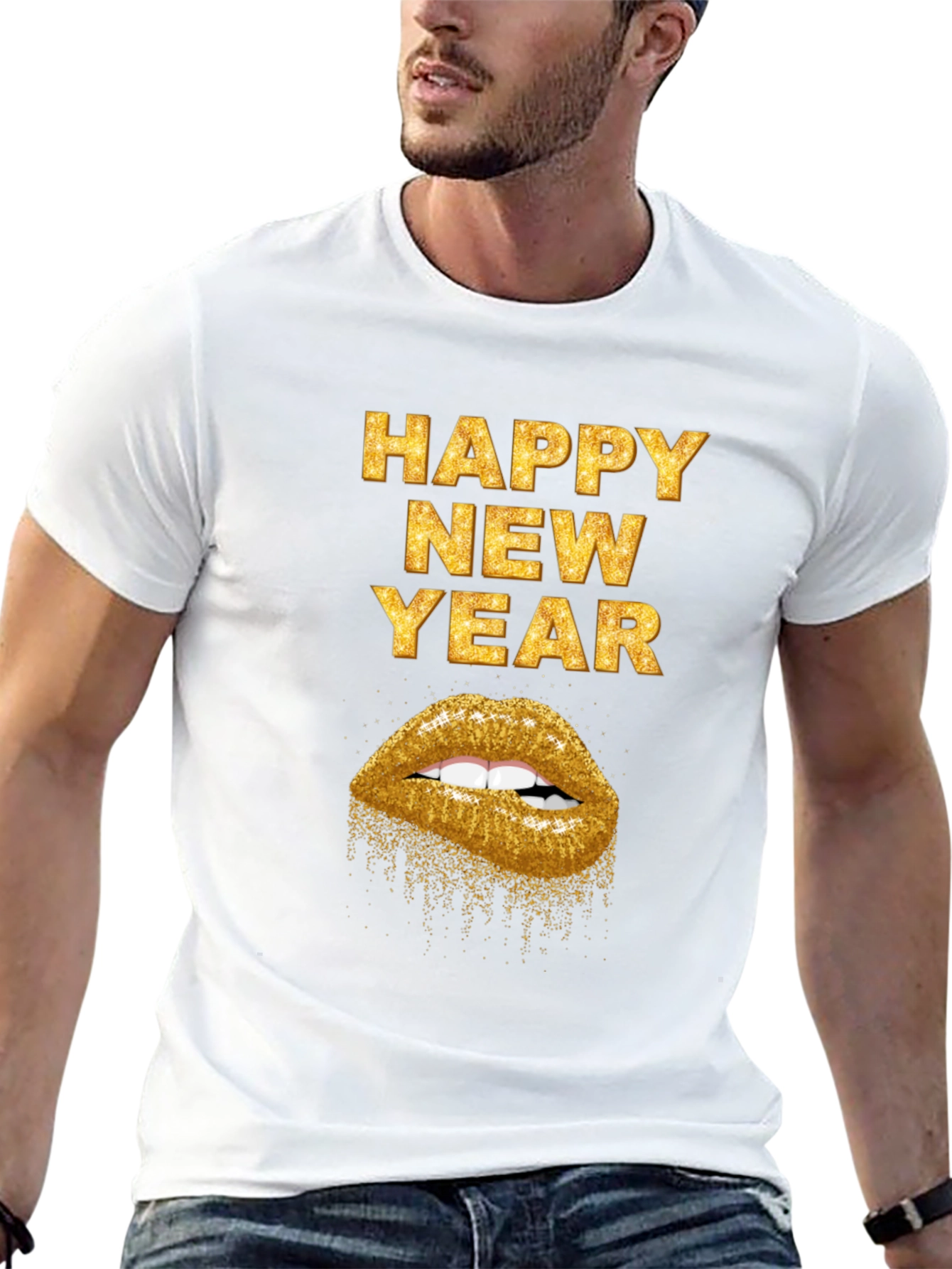 Camiseta Negra Feliz Año Nuevo con Labios Dorados