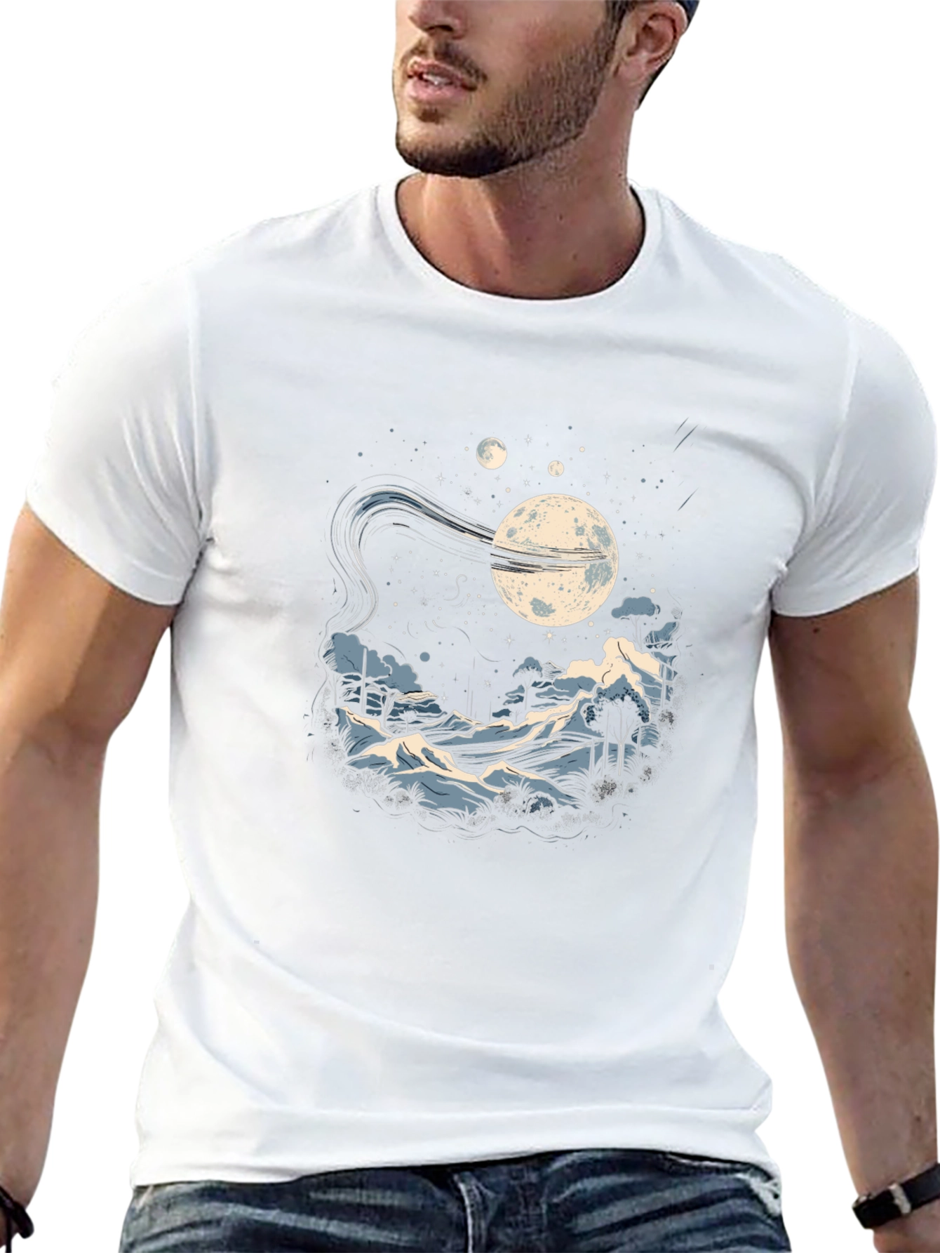 Camiseta Negra Hombre - Diseño Noche Estrellada