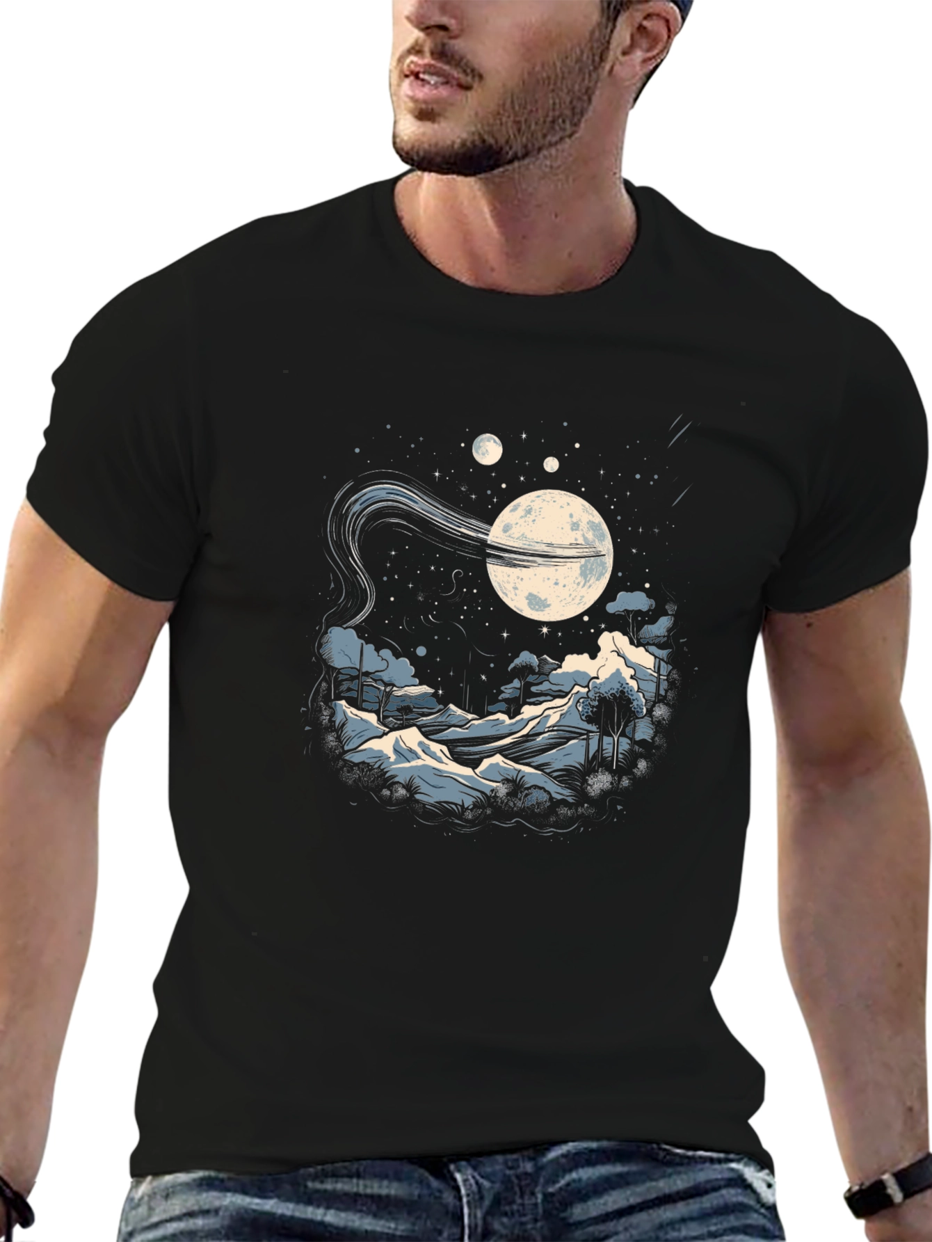 Camiseta Negra Hombre - Diseño Noche Estrellada