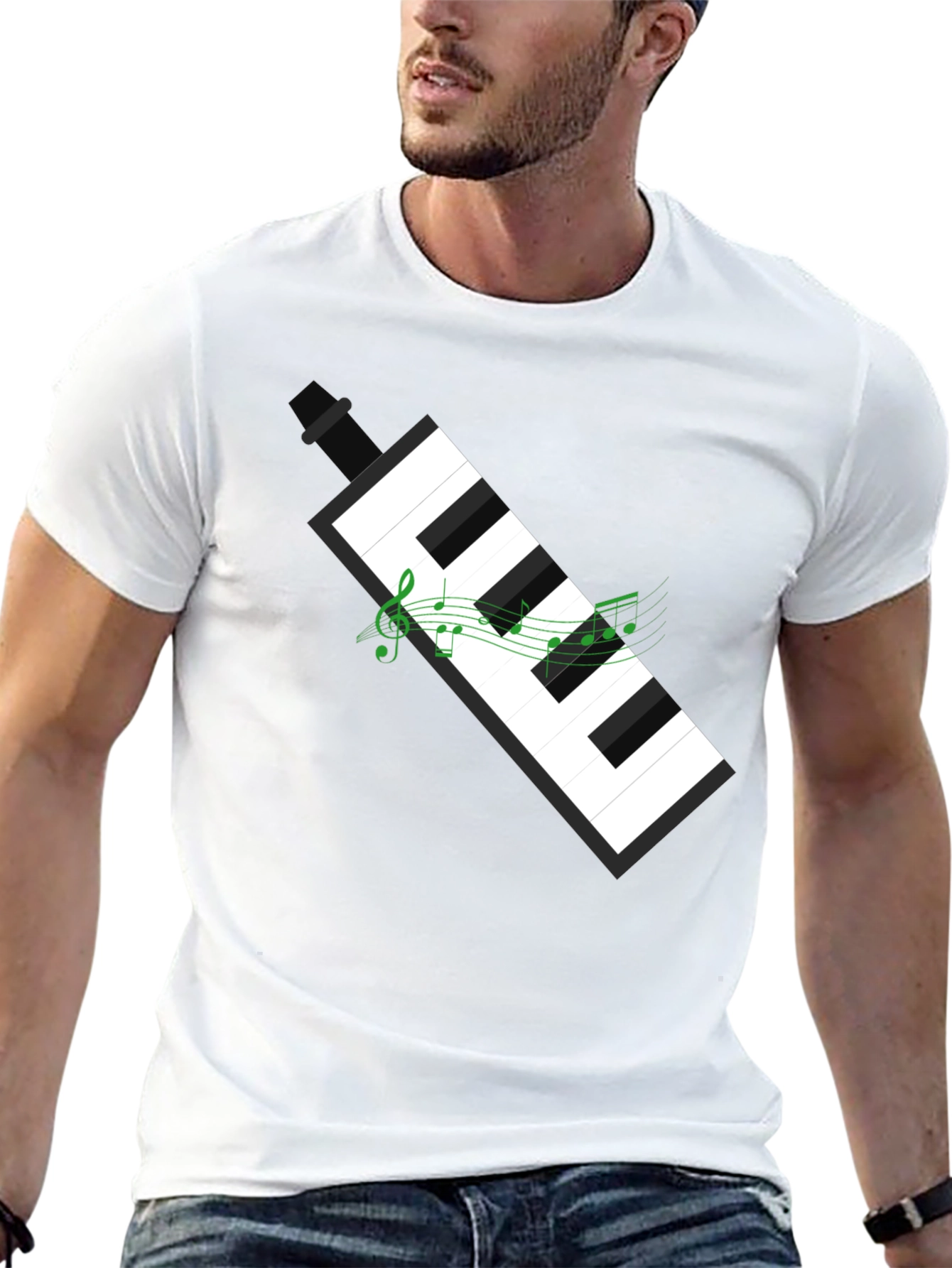 Camiseta Negra con Diseño de Teclado y Notas Musicales