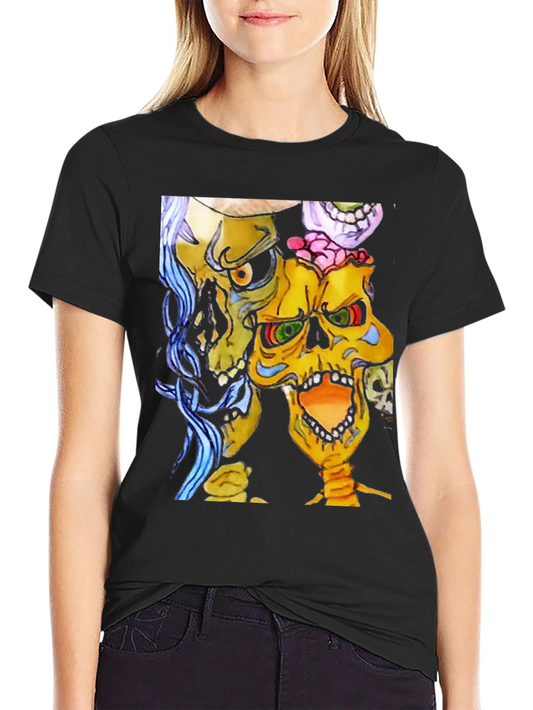 Camiseta Negra con Diseño de Calaveras Coloridas