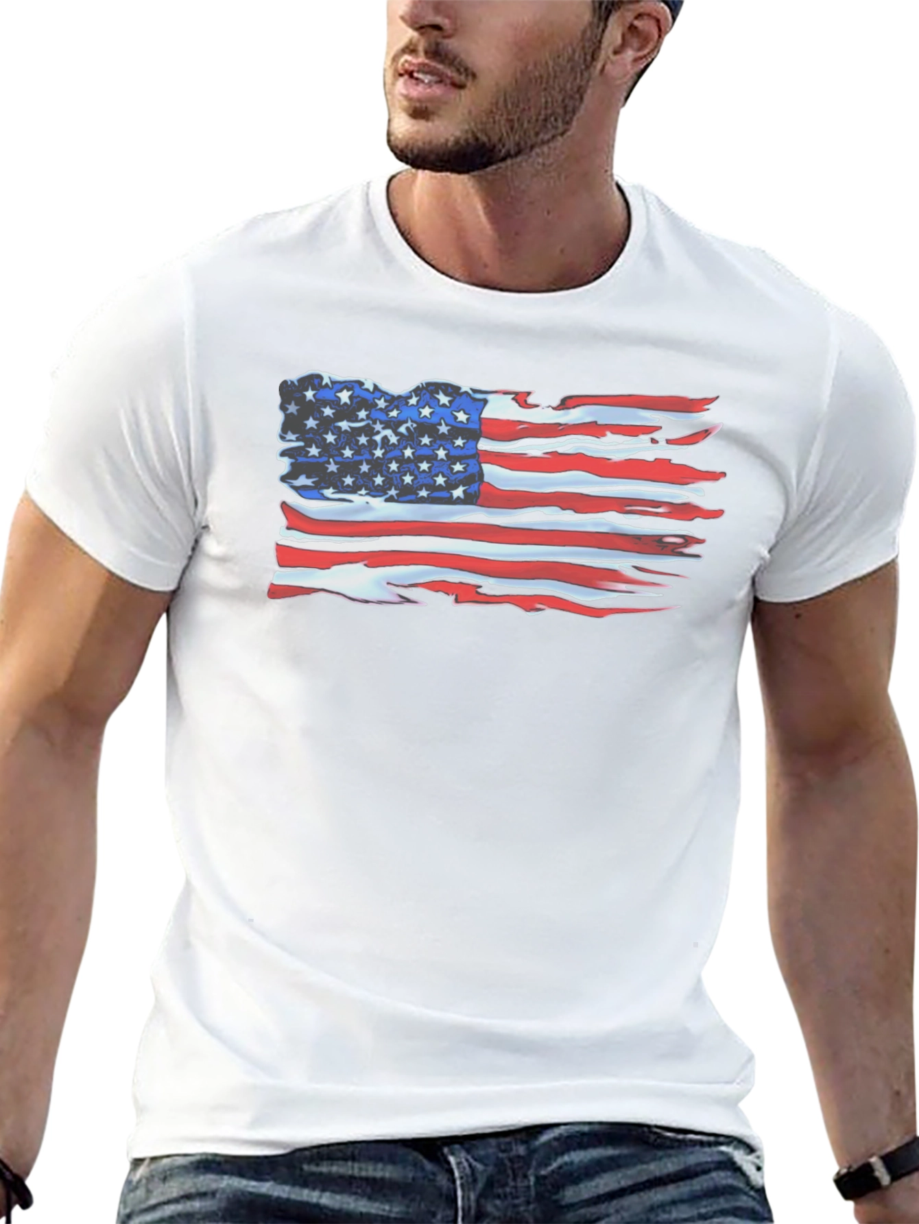Camiseta Negra con Bandera Americana Desgastada